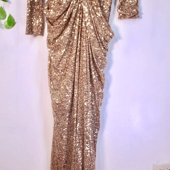 $899 NWT Badgley Mischka Gold Sequins Maxi Gown 14 - Picture 7 of 13